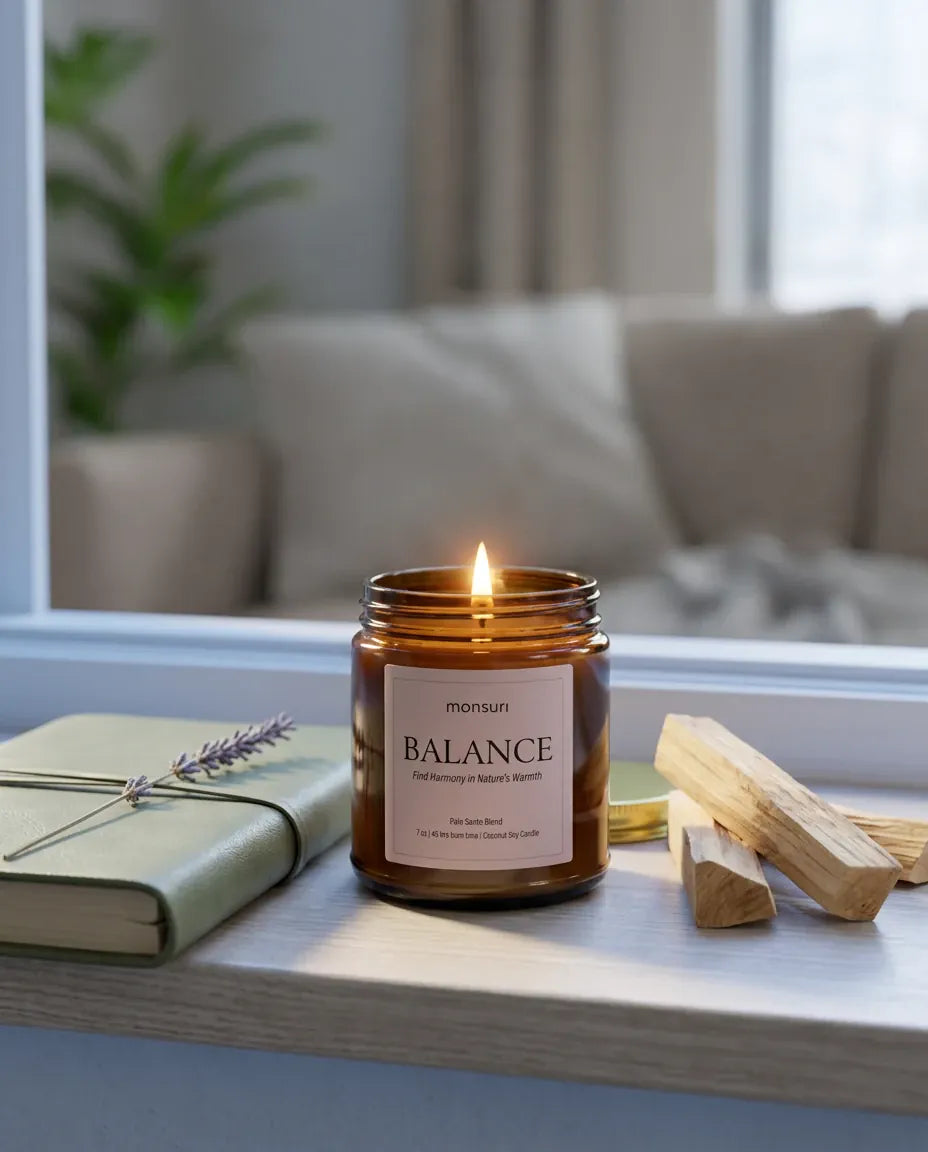Monsuri BALANCE palo santo candle burning beside a lavender sprig and linen journal on a sunlit windowsill reading nook.