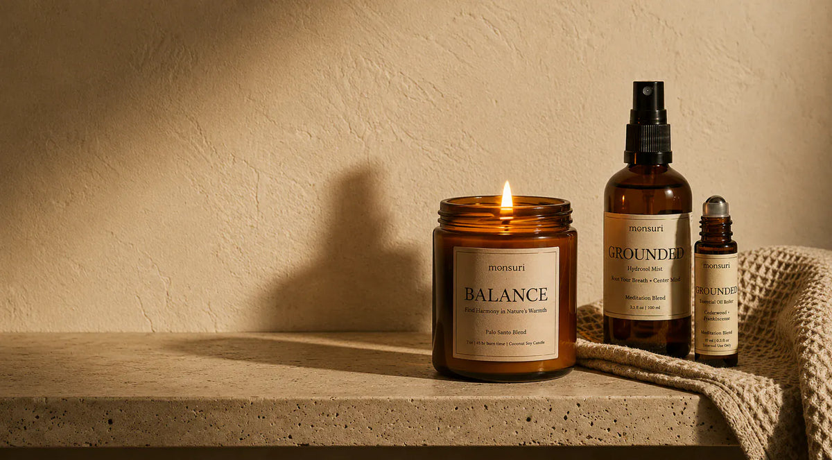 The BALANCE palo santo candle burning on a travertine ledge beside the GROUNDED hydrosol mist and the meditation roller, with a waffle-weave towel draped at the edge and the candle's shadow thrown long across the wall.
