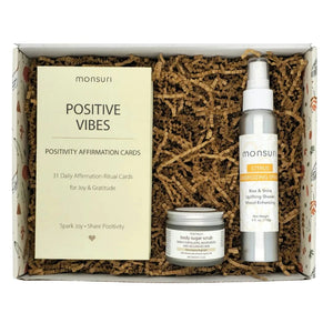 Self care gifts for women featuring 31 daily positive affirmation cards, wooden stand and aromatherapy products