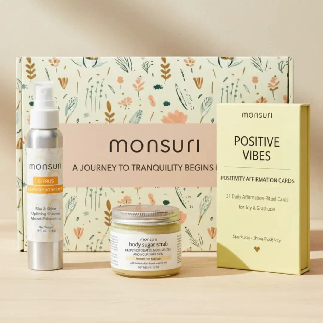 Positive affirmation cards gift set with citrus shower spray and exfoliating sugar scrub