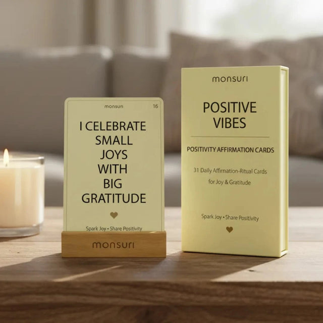 Positive Vibes affirmation card box with wooden stand