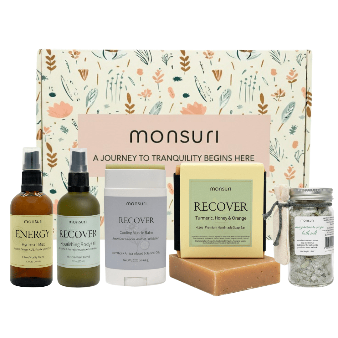 Post workout recovery kit with five muscle relief products including magnesium salts, cooling menthol arnica balm, and eucalyptus clarity mist