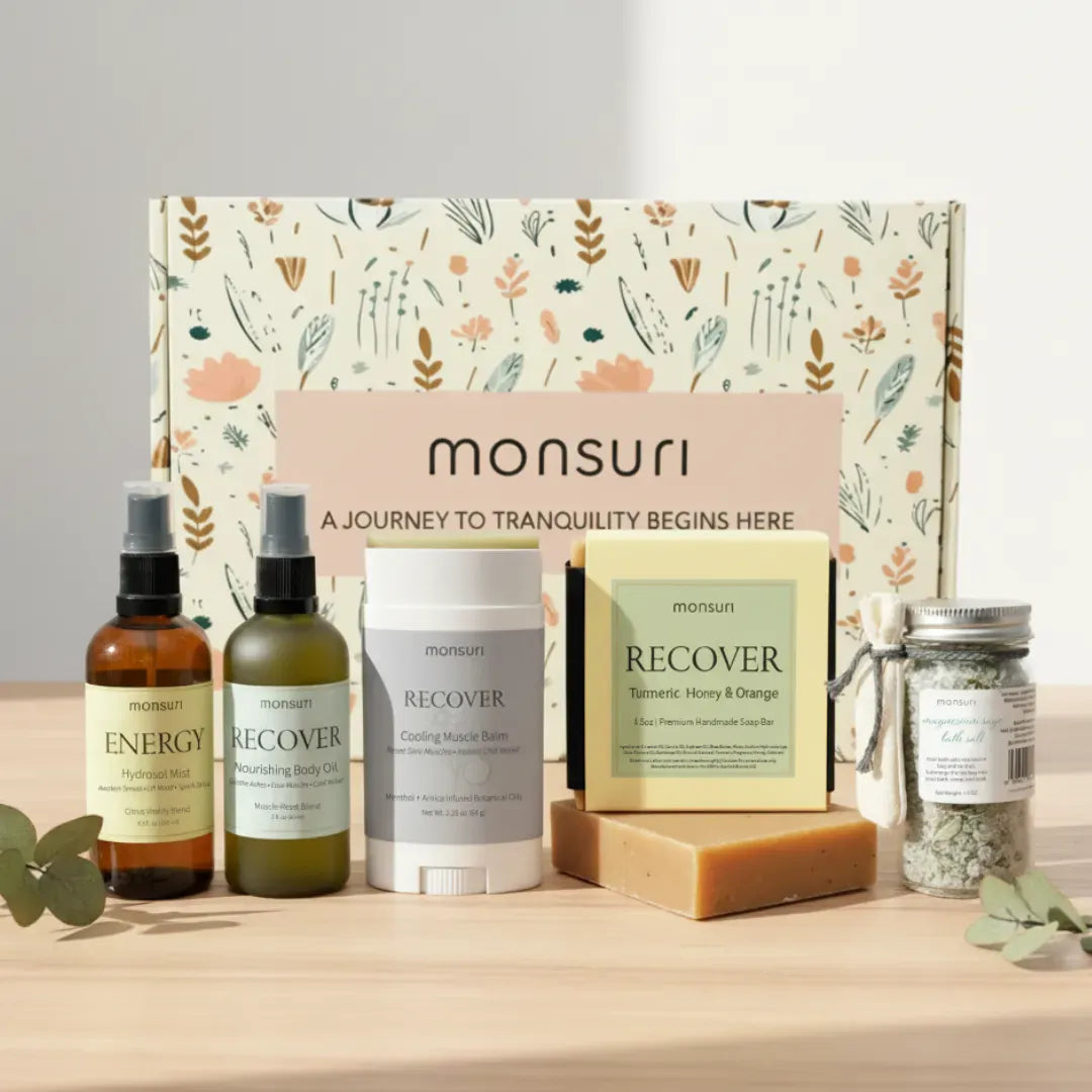 Post workout recovery kit with five muscle relief products including magnesium salts, cooling menthol arnica balm, and eucalyptus clarity mist