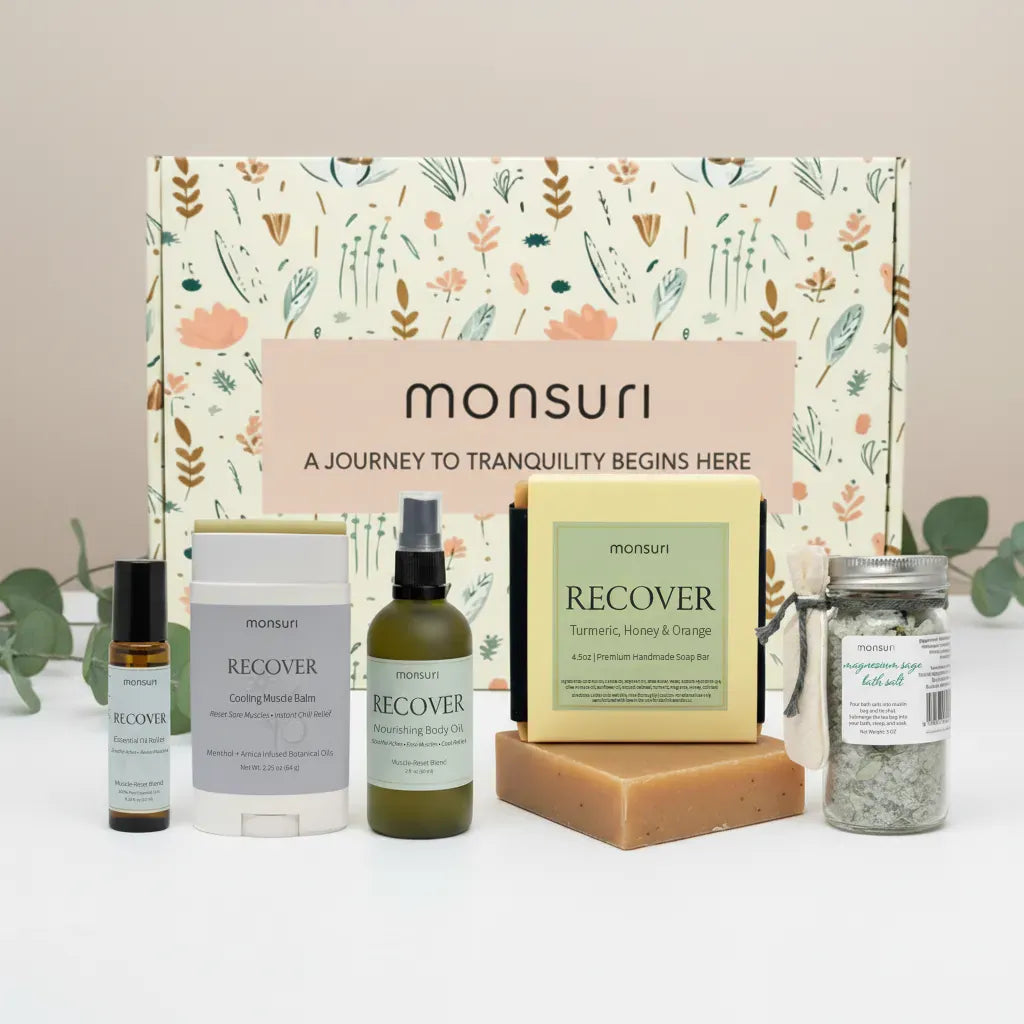 Post workout recovery kit with five muscle relief products including magnesium salts, cooling menthol arnica balm, and eucalyptus clarity essential oil roller