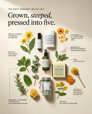 The botanicals behind the set, laid out around the five pieces: arnica and comfrey, calendula and St John's wort, magnesium with Dead Sea minerals, sage, menthol, and the rosemary, peppermint and eucalyptus of the roller, with turmeric and raw honey for the soap.