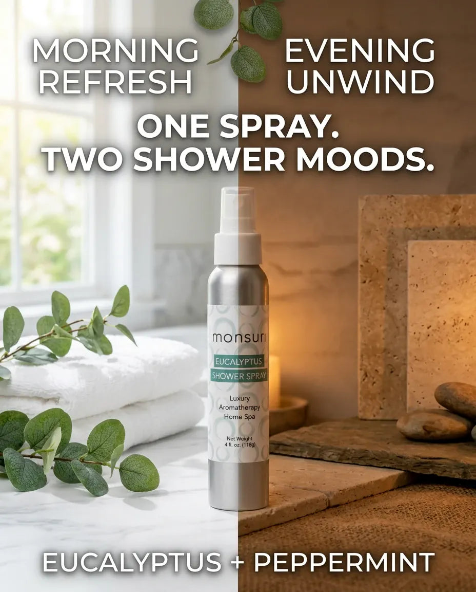 Split graphic showing the Monsuri eucalyptus and peppermint shower spray for a morning refresh and an evening unwind, one spray for two shower moods.