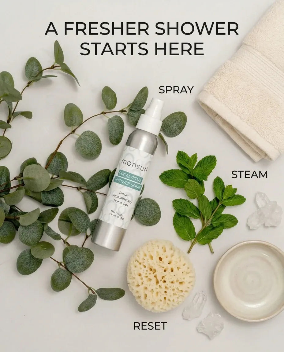 Monsuri eucalyptus shower spray styled with fresh eucalyptus, mint, a linen towel, and a soft sponge, labeled spray, steam, reset.