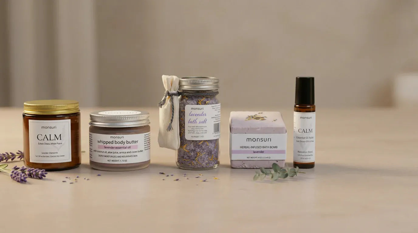 The five pieces of the Deep Relaxation lavender gift set lined up along a warm counter: the CALM lavender chamomile candle, the lavender whipped body butter, the lavender bath salt jar, the herbal-infused lavender bath bomb and the CALM essential oil roller.
