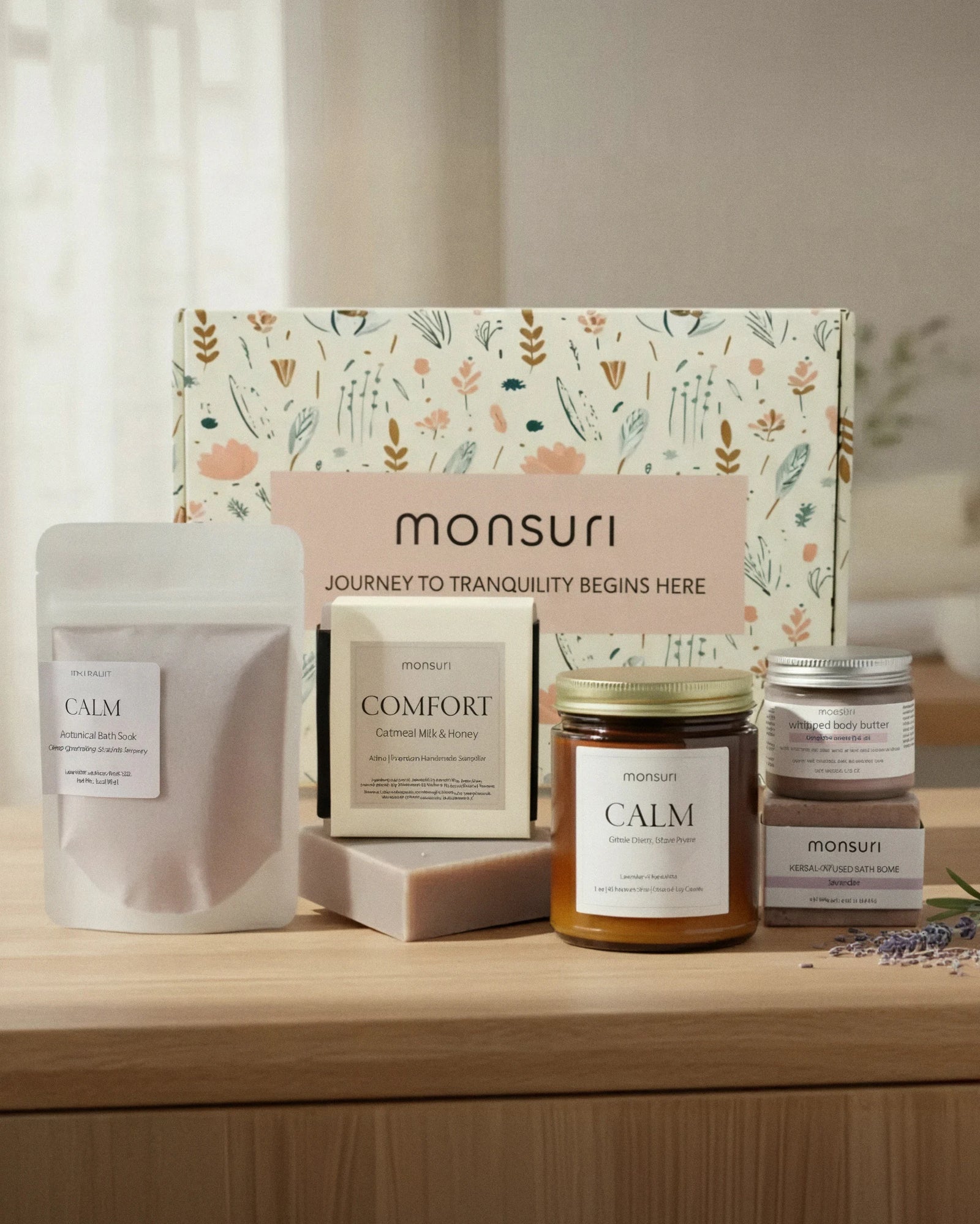 Mom's Wind-Down Ritual in front of its botanical kraft gift box: the lavender bath soak pouch, the oatmeal milk and honey soap, the CALM lavender chamomile candle, the lavender whipped body butter and the lavender bath bomb, with dried lavender on a wooden surface.
