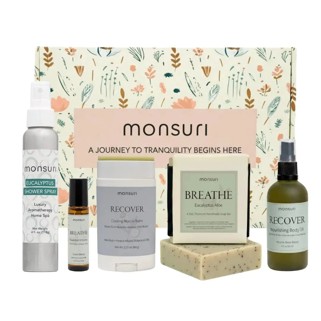 Get well soon gift set with eucalyptus shower spray, arnica body oil, menthol balm, soap and clarity roller for post surgery recovery