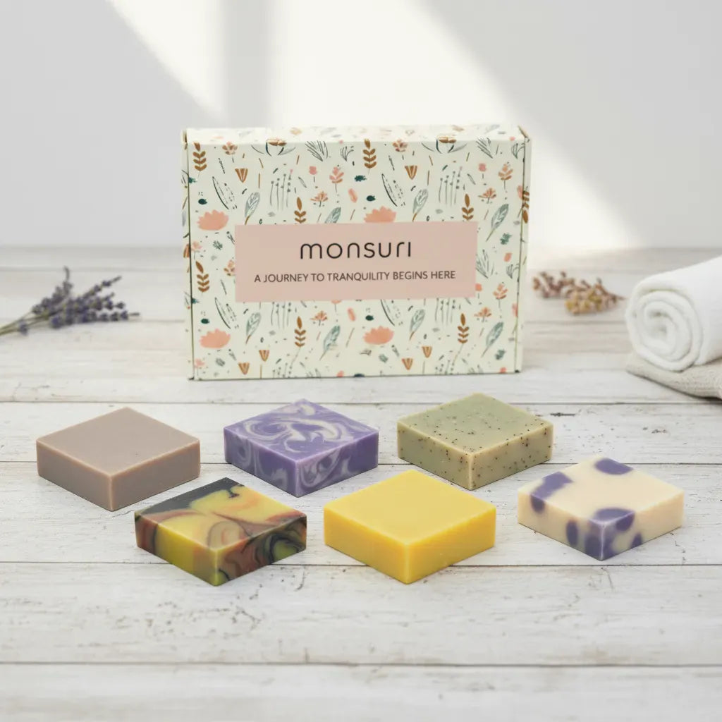 Handmade bar soap gift set with six natural restorative soaps - lavender calm, oatmeal comfort, eucalyptus breath, lemon renewal, berry vanilla fresh start, charcoal balance in botanical gift box
