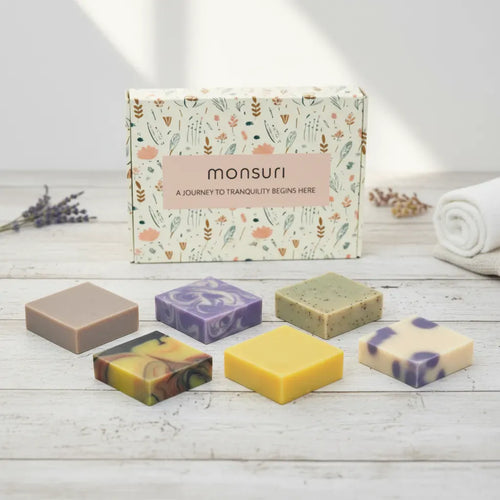 Handmade bar soap gift set with six natural restorative soaps - lavender calm, oatmeal comfort, eucalyptus breath, lemon renewal, berry vanilla fresh start, charcoal balance in botanical gift box