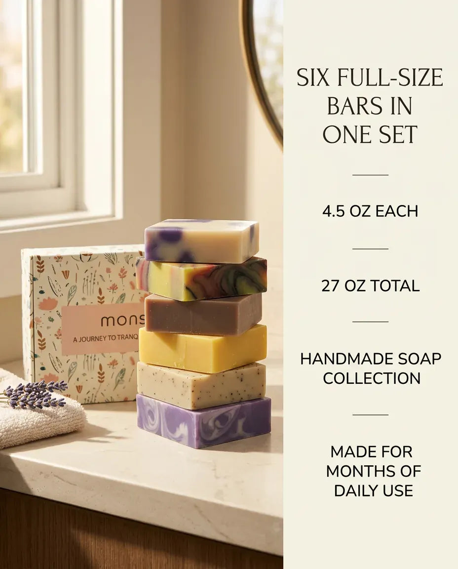 Six full-size 4.5oz bars, 27oz total, in one Rest & Renewal handmade soap gift set built for months of daily use.