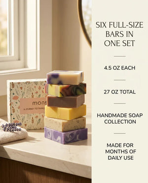 Six full-size 4.5oz bars, 27oz total, in one Rest & Renewal handmade soap gift set built for months of daily use.