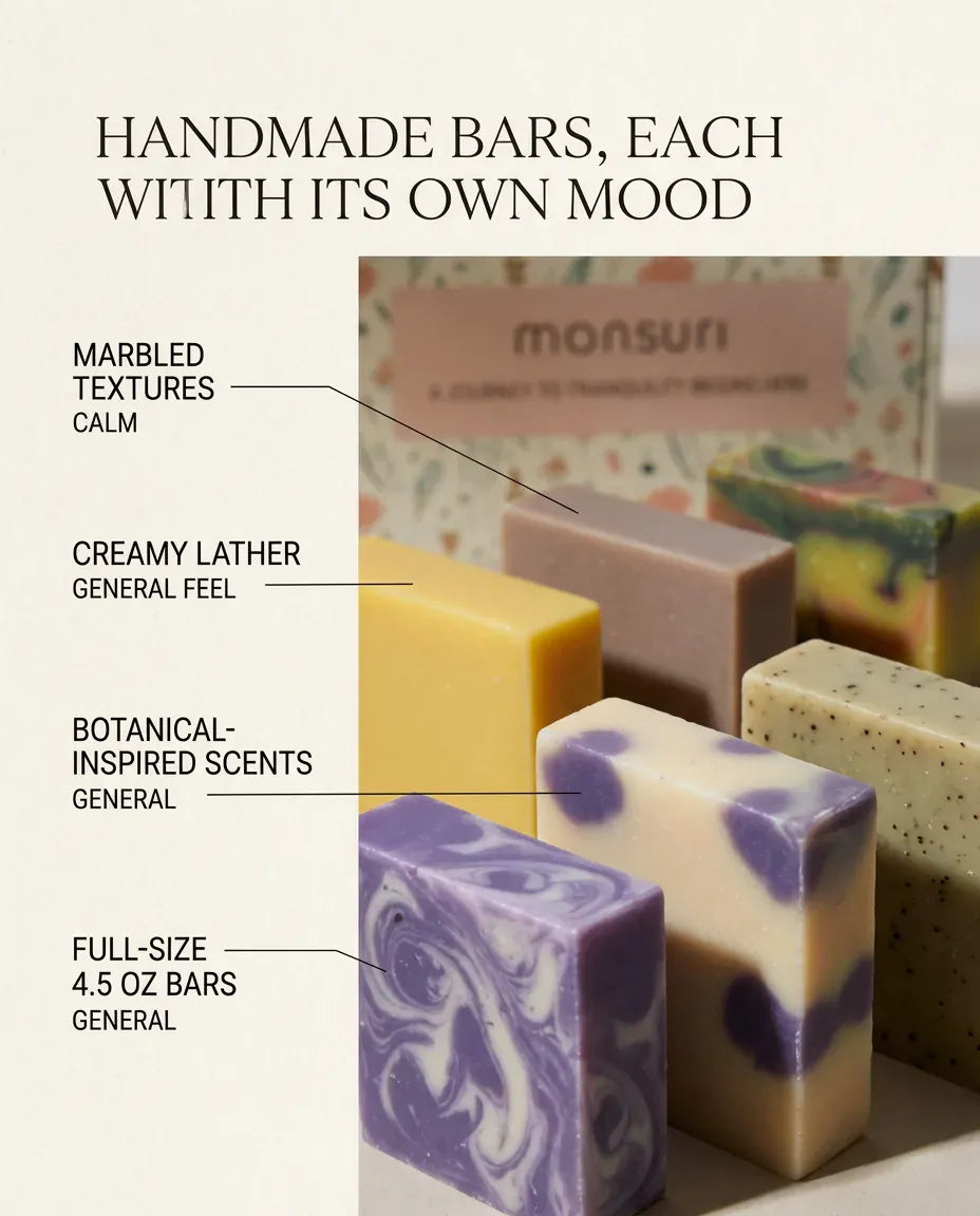 Handmade cold-process bars, each with its own mood — marbled textures, creamy lather, and botanical scents in the Rest & Renewal set.