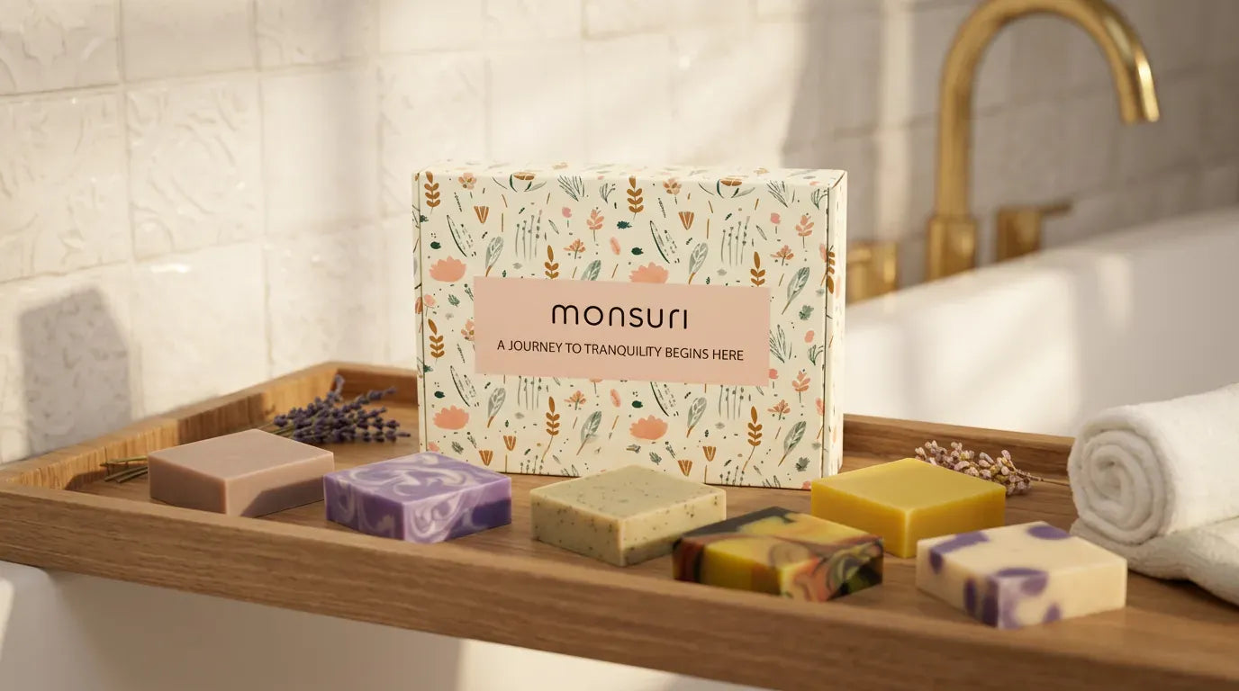 Rest & Renewal handmade soap collection styled on a wooden tray — six full-size botanical bars for an unhurried evening.