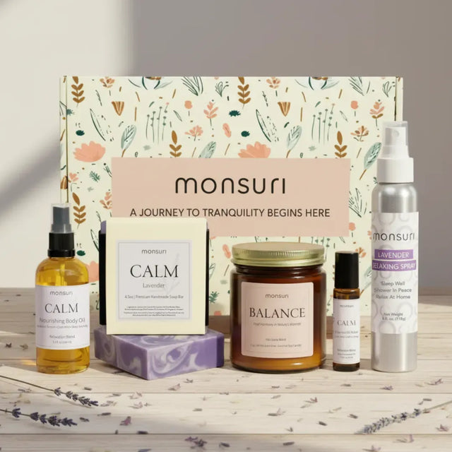 Retirement Relaxation Gift Set with palo santo lavender candle, shower spray, soap bar, body oil and essential oil roller in minimalist botanical packaging