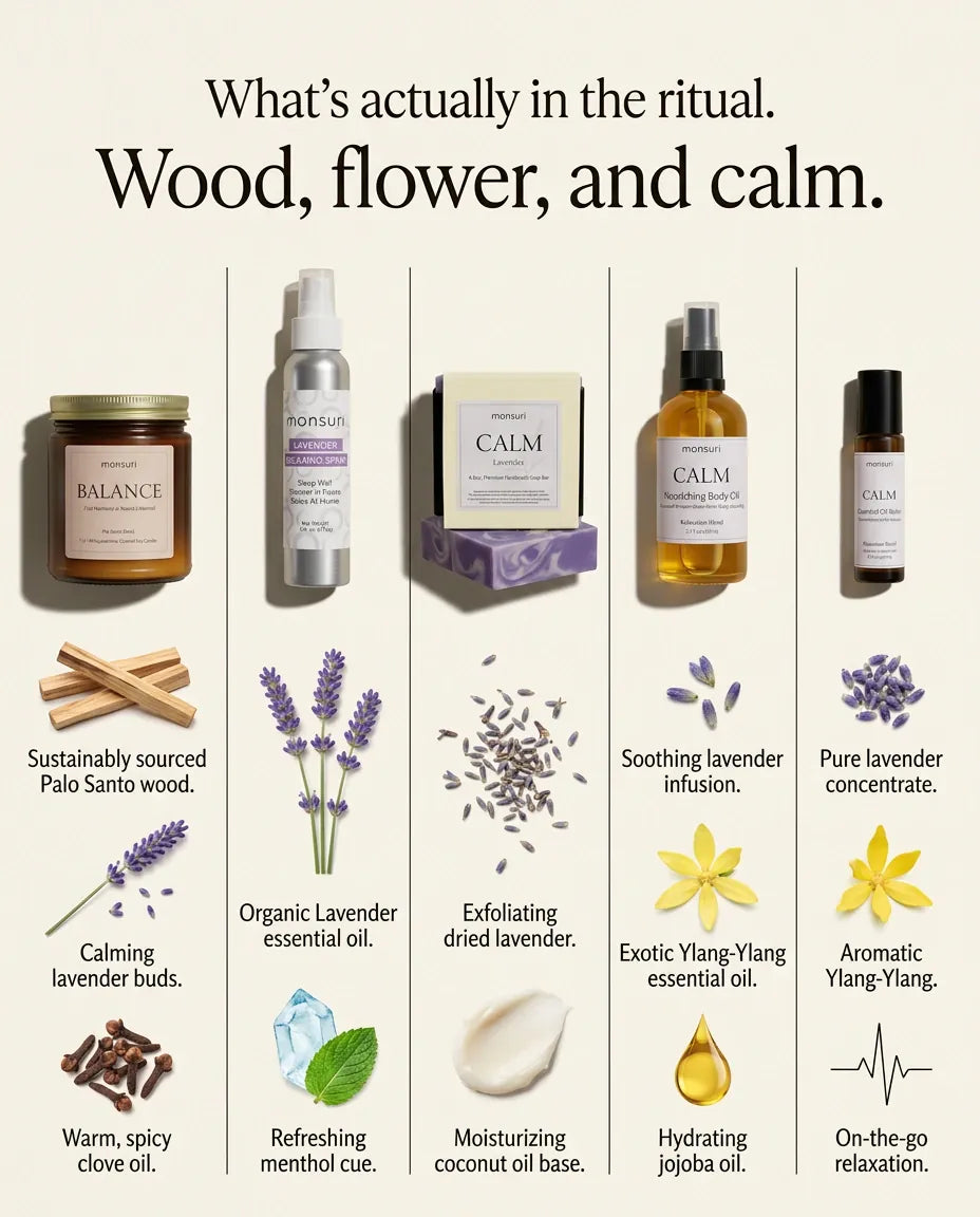 What's actually in the ritual - wood, flower and calm: palo santo and lavender notes in the candle, lavender and menthol in the mist, a lavender scent and coconut oil in the soap, soothing lavender and jojoba in the body oil, and lavender with ylang-ylang in the roller