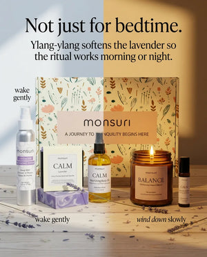 Not just for bedtime - ylang-ylang softens the lavender so the ritual works morning or night, the mist and soap to wake gently and the body oil, candle and roller to wind down slowly