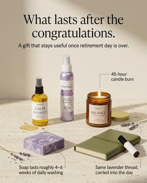 What lasts after the congratulations - a 45-hour candle burn, a soap bar that lasts roughly four to six weeks of daily washing, and the same lavender thread carried into the day by the body oil, mist and roller
