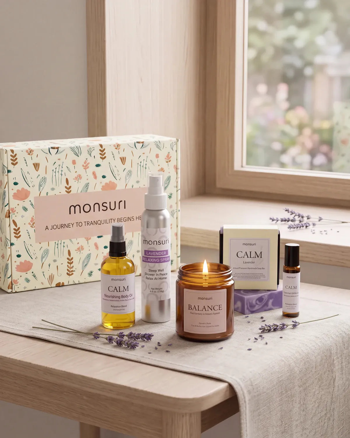 The Retirement Relaxation set on a sunlit windowsill - the botanical gift box behind the CALM nourishing body oil, the lavender relaxing spray, the CALM lavender soap, the lit BALANCE palo santo candle and the CALM essential oil roller, with dried lavender on the linen runner