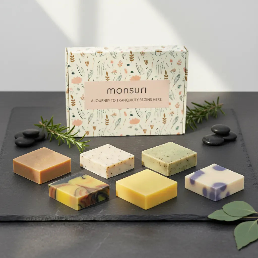 Rise & Recover handmade soap gift set with six natural performance soaps - turmeric honey recovery, lemon zest energy, eucalyptus clarity, cedarwood grounding, charcoal balance, berry vanilla renewal in botanical gift box