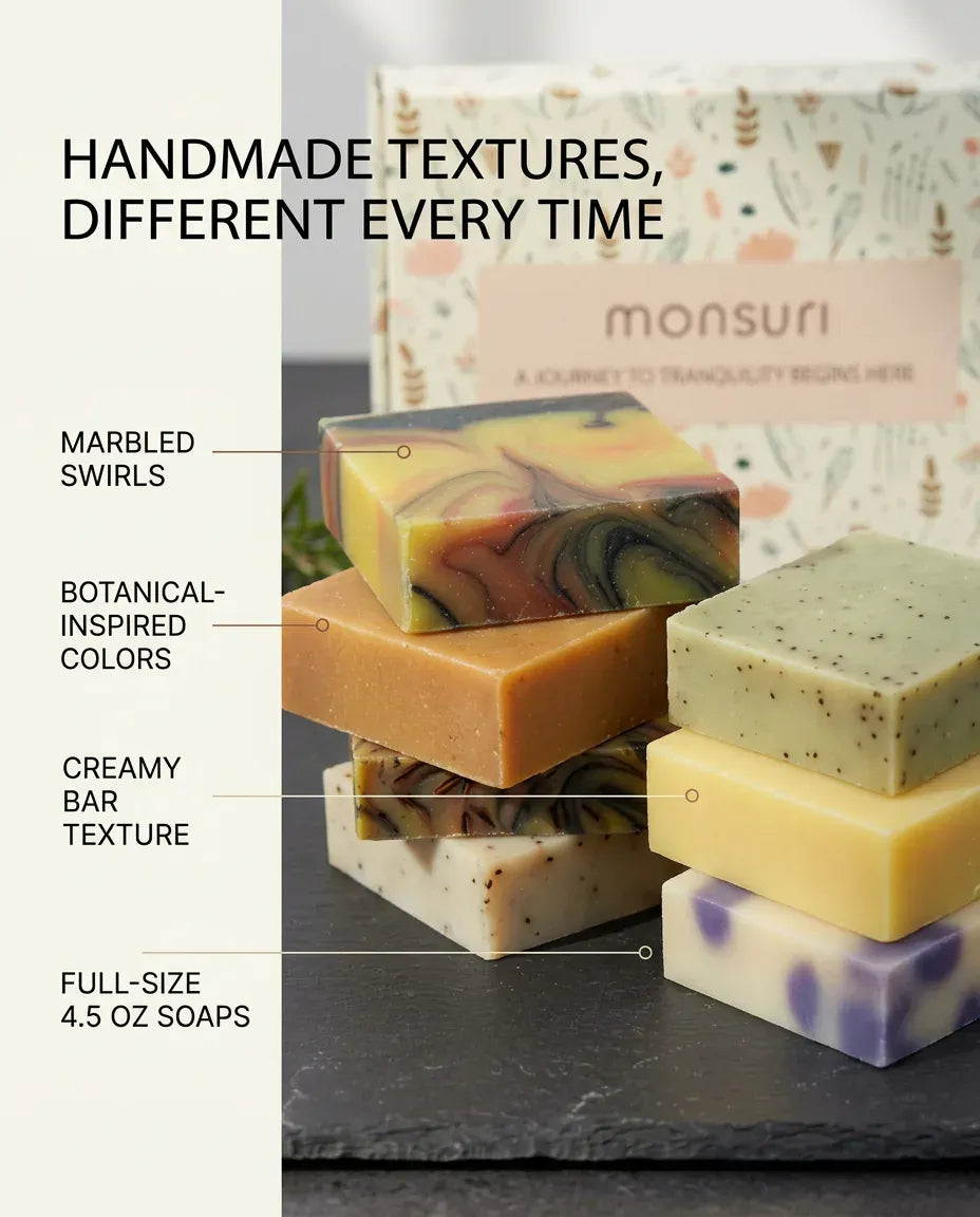 Handmade textures, different every time — marbled swirls and botanical colors across the Rise & Recover full-size soap bars.