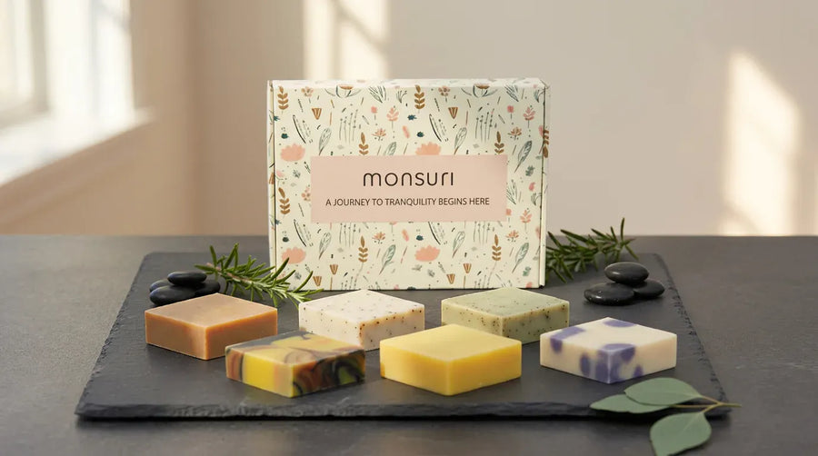 The botanical kraft gift box as it ships — kraft shred, a eucalyptus sprig, the note inside.