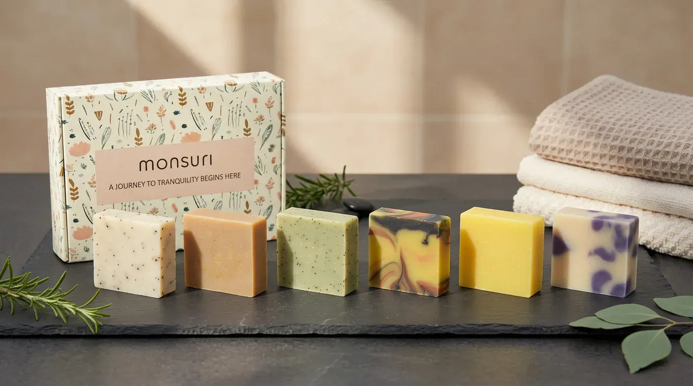 Rise & Recover handmade soap collection on slate with eucalyptus — six full-size botanical bars for reset and recovery.