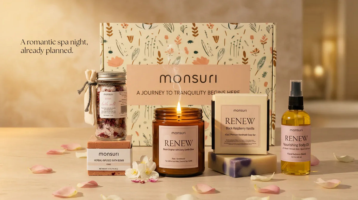 A romantic spa night, already planned - the full romantic spa gift set with its botanical kraft box, rose bath salts, rose bath bomb, rose sandalwood candle, black raspberry vanilla soap and nourishing body oil