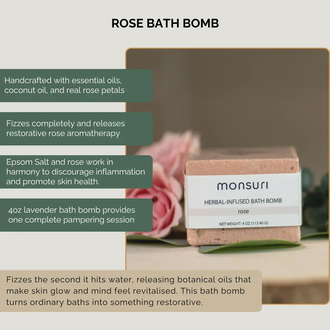 Rose bath bomb with real rose petals not artificial substitutes releasing into mineral-rich dead sea water transforming ordinary tub into luxury spa sanctuary