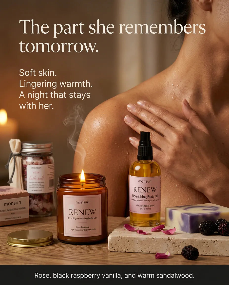 The part she remembers tomorrow - soft skin and lingering warmth after the romantic spa ritual, scented with rose, black raspberry vanilla and warm sandalwood