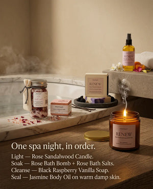 One spa night in order - light the rose sandalwood candle, soak with the rose bath bomb and rose bath salts, cleanse with the black raspberry vanilla soap, then seal with jasmine body oil on warm damp skin