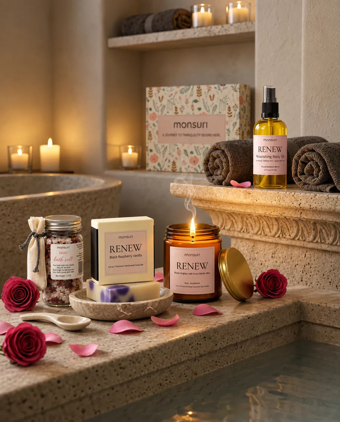 Romantic spa gift set styled on a candlelit stone bath surround - rose bath salt jar, black raspberry vanilla soap bar, lit rose and sandalwood candle and nourishing body oil beside a filled tub with rose petals