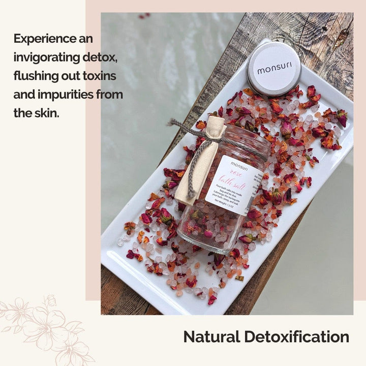 Handful of Monsuri Rose Bath Salts Promising Rejuvenation and Relaxation