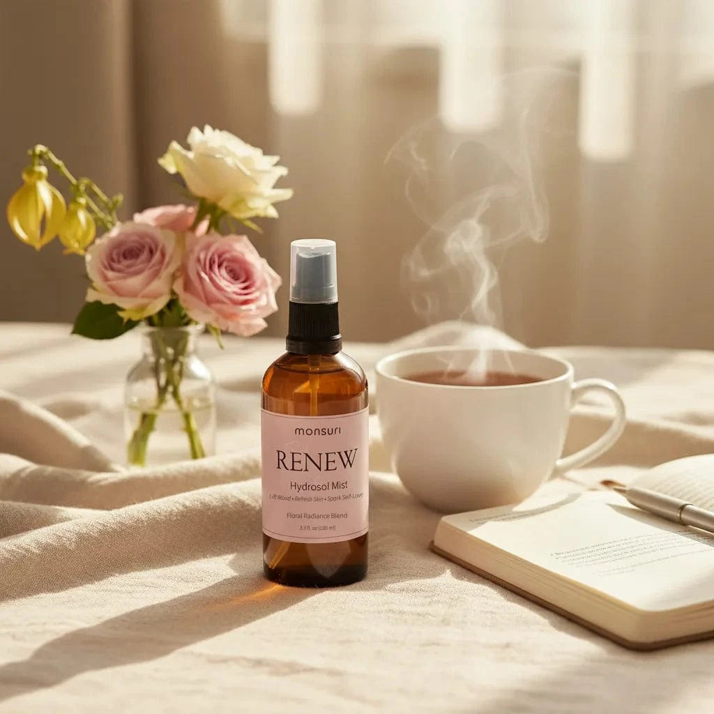 Premium rose geranium and ylang ylang essential oils blended in steam-distilled hydrosol base