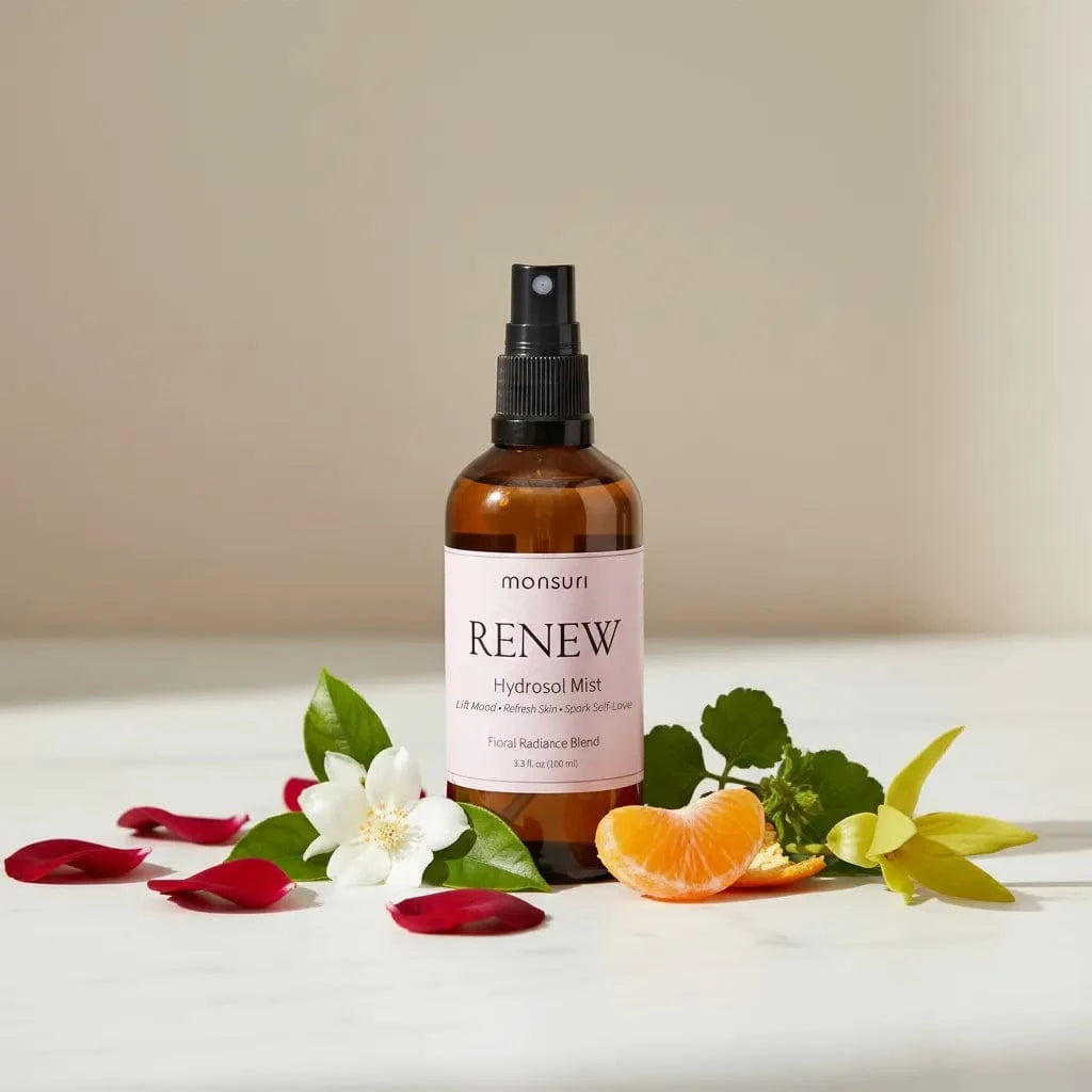 Rose hydrosol beauty mist bottle with jasmine essential oils for aromatherapy and confidence