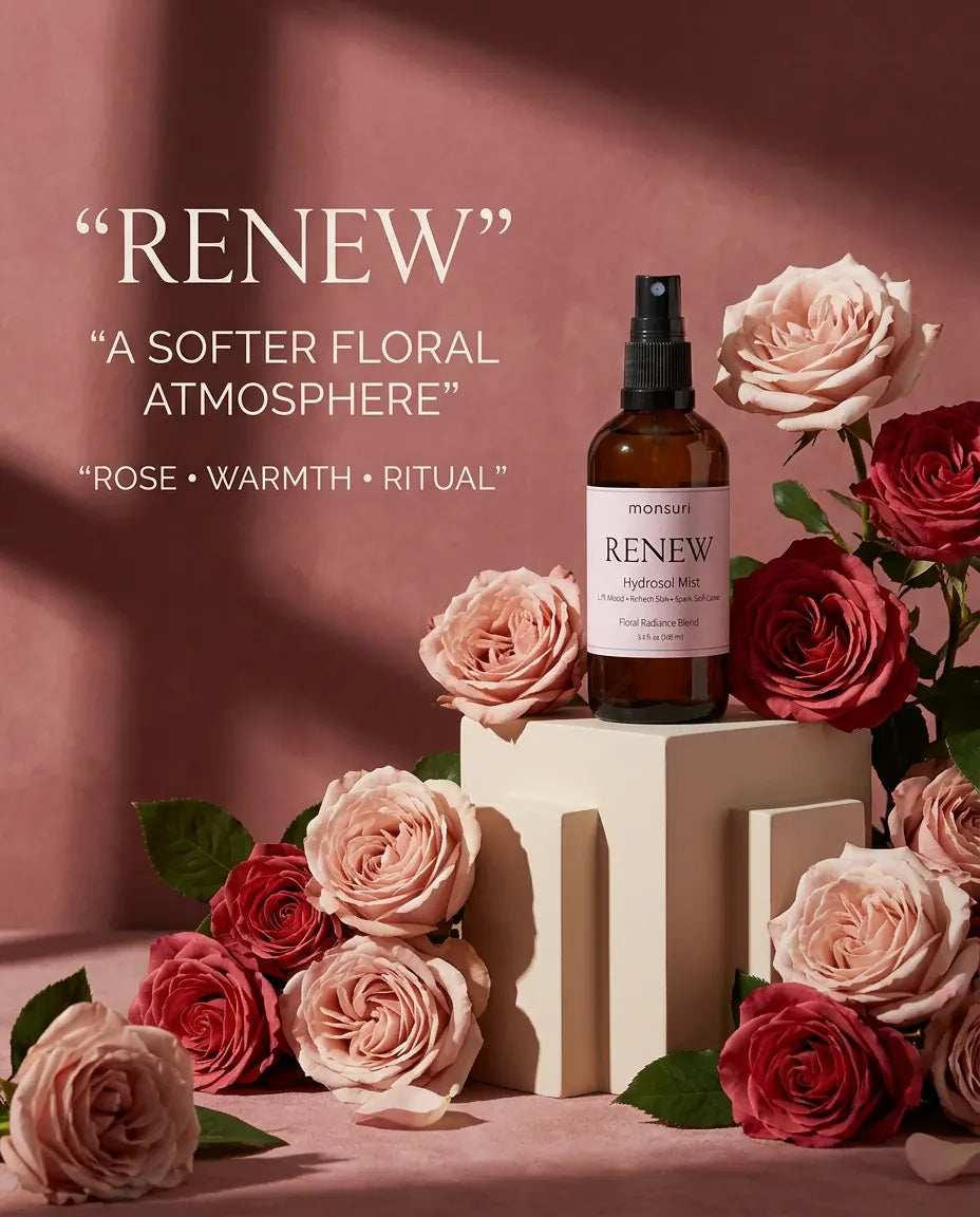 Monsuri RENEW rose hydrosol on a pink pedestal surrounded by pink and red roses, labeled renew, a softer floral atmosphere, rose, warmth, ritual.