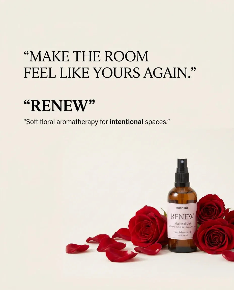 Monsuri RENEW rose hydrosol with red roses and petals, captioned make the room feel like yours again: soft floral aromatherapy for intentional spaces.