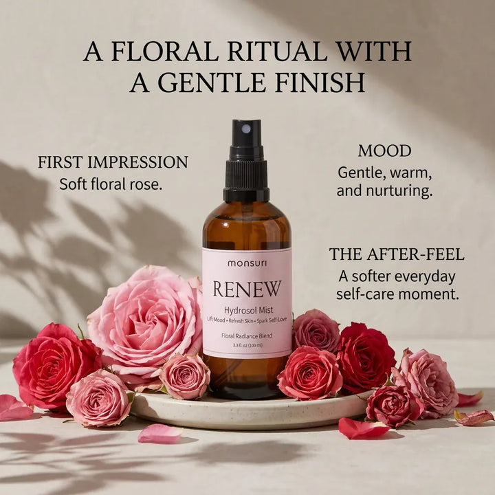 Monsuri RENEW rose hydrosol with pink and red roses, labeled a floral ritual with a gentle finish: soft floral rose first impression, gentle warm nurturing mood, a softer everyday self-care after-feel.