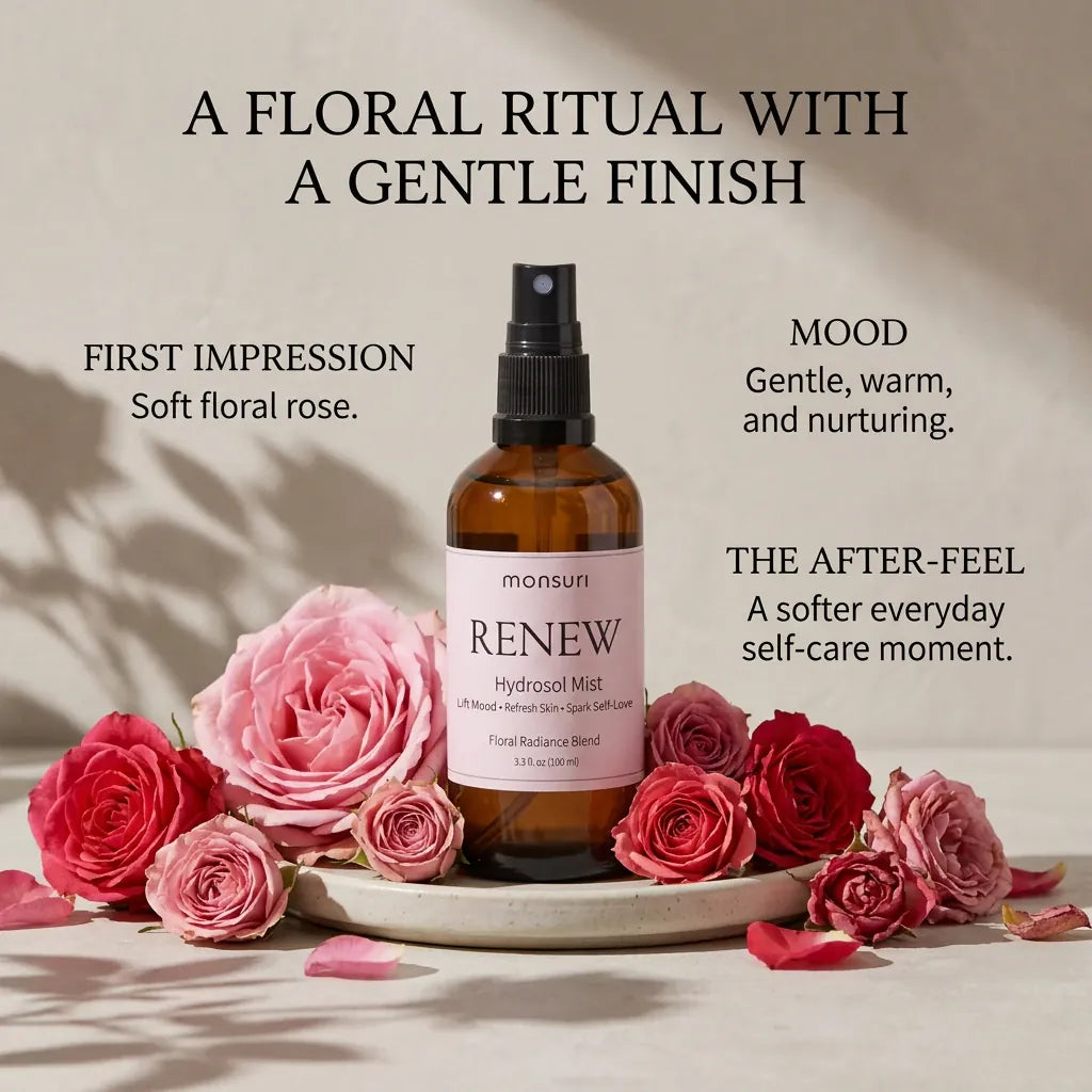 Monsuri RENEW rose hydrosol with pink and red roses, labeled a floral ritual with a gentle finish: soft floral rose first impression, gentle warm nurturing mood, a softer everyday self-care after-feel.