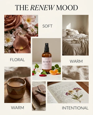 Monsuri RENEW rose hydrosol mood board with roses, a linen bed, and a journal, labeled soft, floral, warm, intentional.
