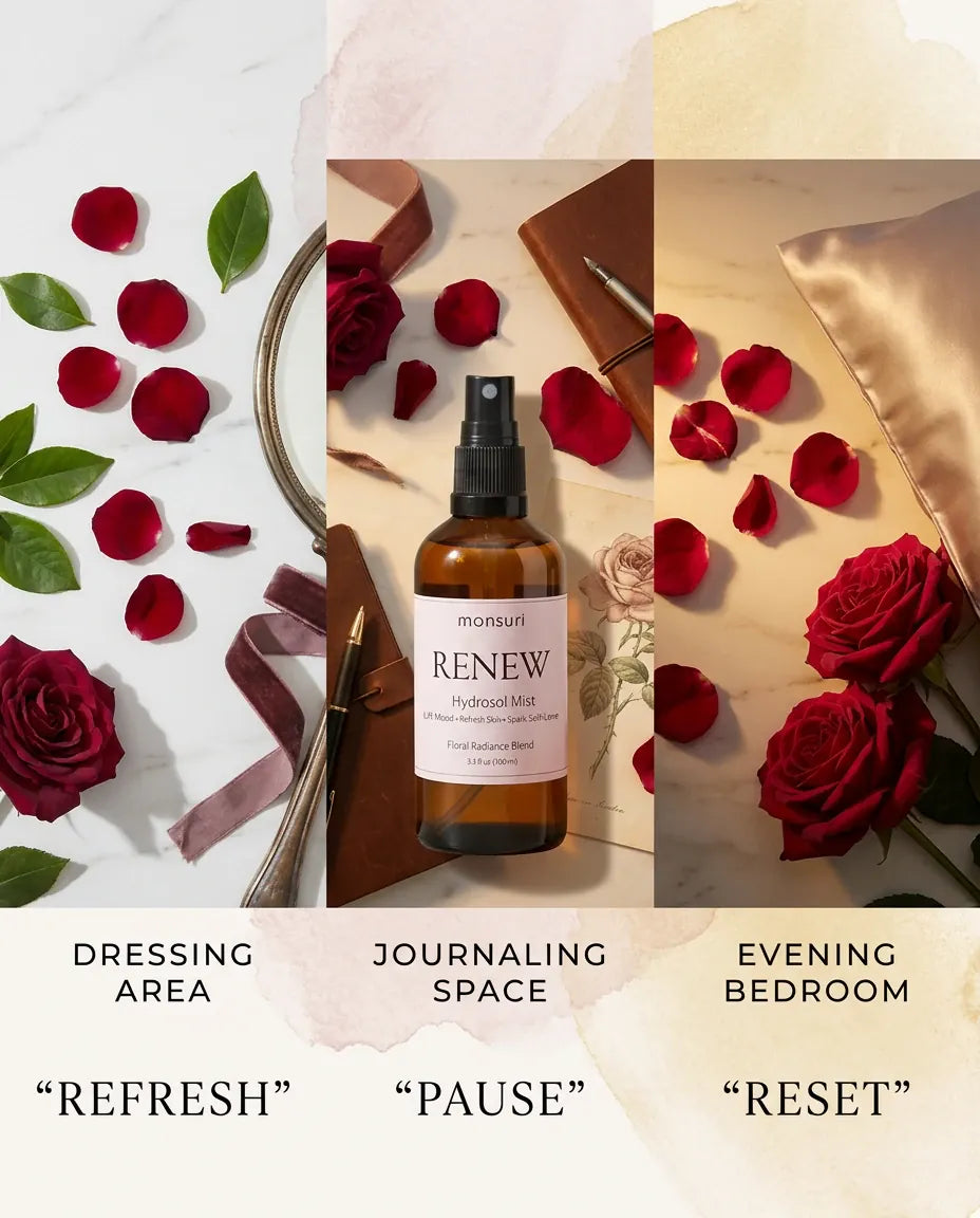 Three-panel Monsuri RENEW rose hydrosol image: dressing area refresh, journaling space pause, evening bedroom reset.