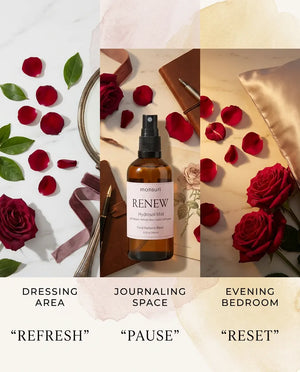 Three-panel Monsuri RENEW rose hydrosol image: dressing area refresh, journaling space pause, evening bedroom reset.