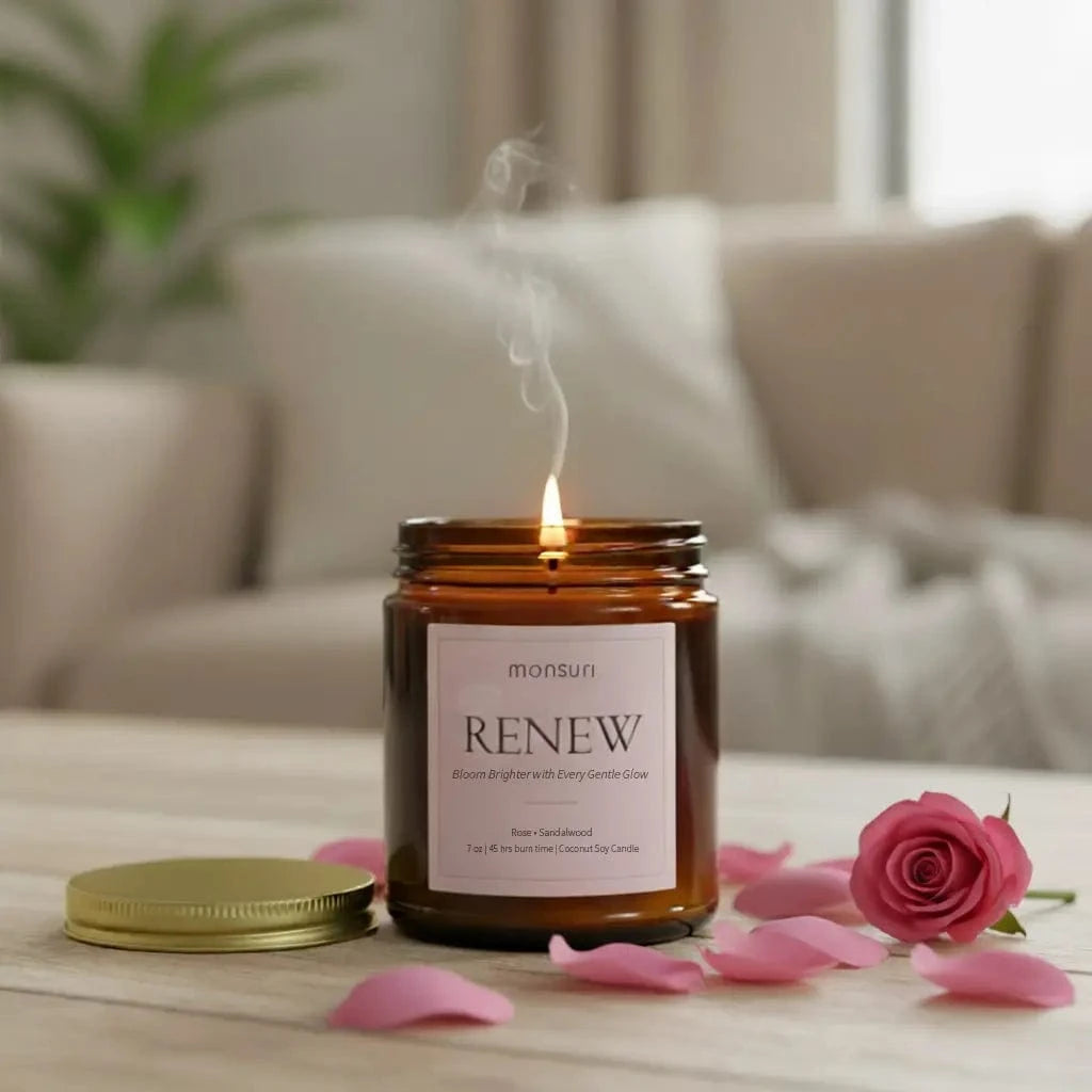 Rose sandalwood romantic candle in amber glass with brass lid on elegant table setting