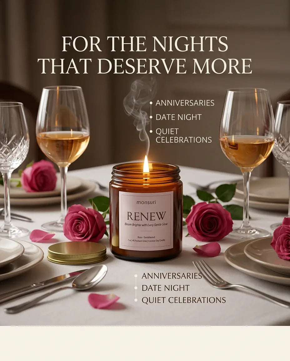 Monsuri RENEW rose sandalwood candle lit on a candlelit dinner table for two, captioned 'For the Nights That Deserve More.'