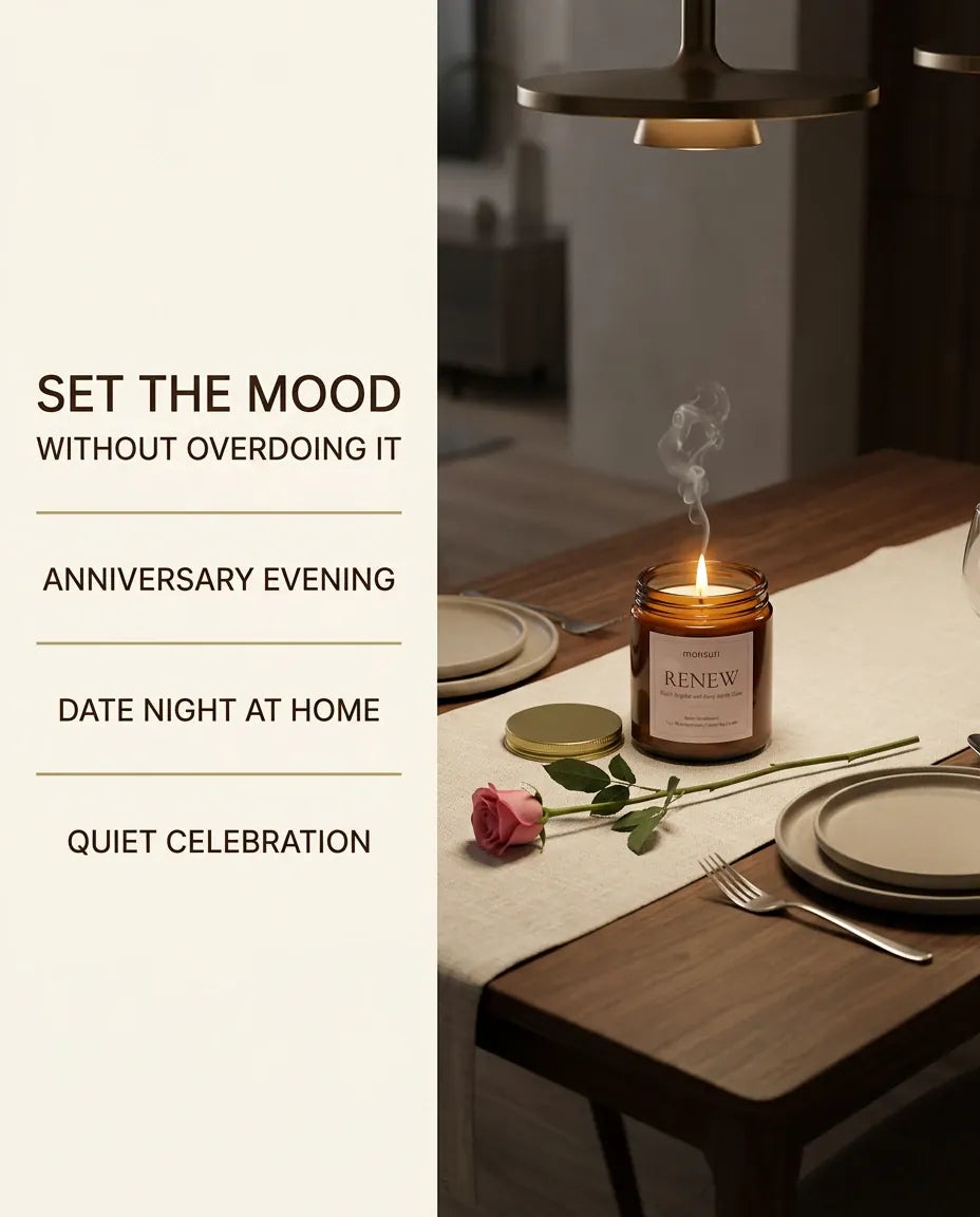 Monsuri RENEW candle 'Set the Mood Without Overdoing It' card listing anniversary evening, date night at home, and quiet celebration.