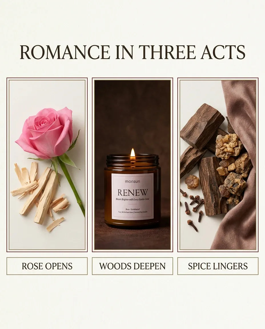 Monsuri RENEW candle 'Romance in Three Acts' scent-story card: rose opens, sandalwood woods deepen, oud and spice linger.