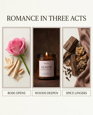 Monsuri RENEW candle 'Romance in Three Acts' scent-story card: rose opens, sandalwood woods deepen, oud and spice linger.