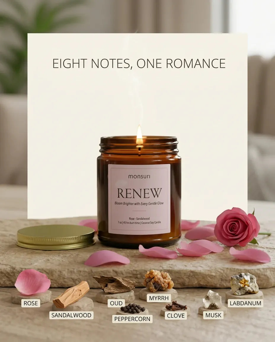 Monsuri RENEW candle 'Eight Notes, One Romance' card labeling rose, sandalwood, oud, peppercorn, myrrh, clove, musk, and labdanum.